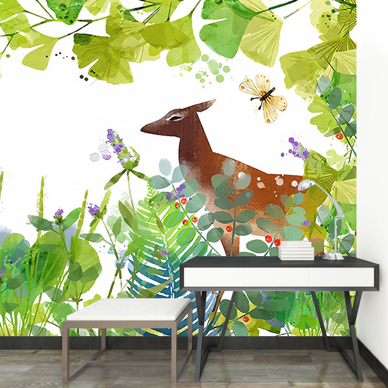 Green Simple Wall Decor Personalized Size Elk and Butterfly Mural Wallpaper for Kids Clearhalo 'Wall Decor' 'Wall Mural' 1041355