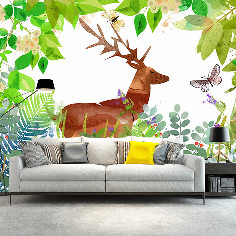 Decorative Elk Deer Wall Mural Decal Custom-Printed Minimalist Wall Covering for Children's Bedroom Brown Clearhalo 'Wall Decor' 'Wall Mural' 1041358