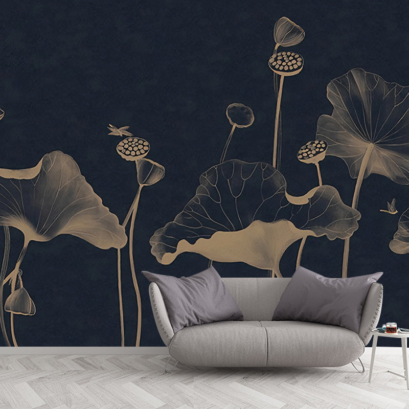 Lotus and Dragonfly Wall Mural for Home Decoration, Black, Personalized Size Available Clearhalo 'Wall Decor' 'Wall Mural' 1041374