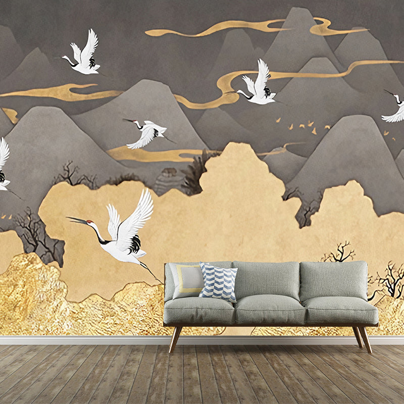 Big Crane and Mountain Mural Wallpaper in Grey and Yellow Non-Woven Fabric Wall Art for Bedroom, Custom-Made Clearhalo 'Wall Decor' 'Wall Mural' 1041380