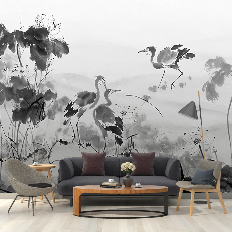 Oriental Wild Cranes Wall Mural Decal in Grey Guest Room Wall Covering, Personalized Size Available Grey Clearhalo 'Wall Decor' 'Wall Mural' 1041391