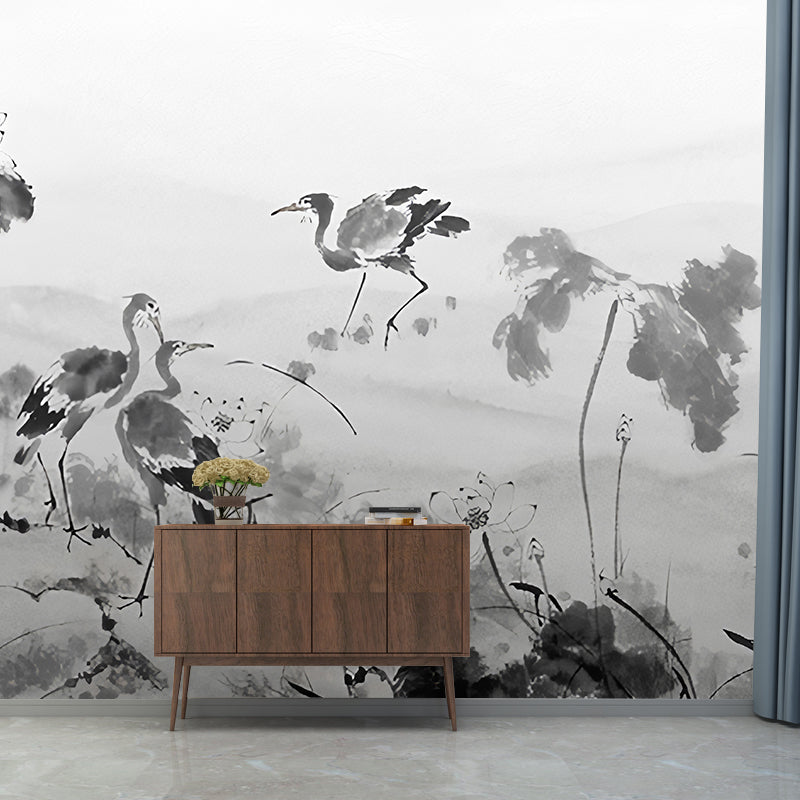 Oriental Wild Cranes Wall Mural Decal in Grey Guest Room Wall Covering, Personalized Size Available Clearhalo 'Wall Decor' 'Wall Mural' 1041392