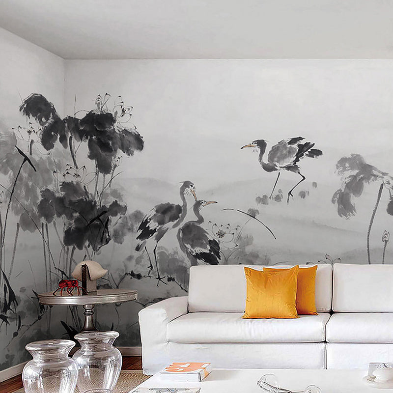 Oriental Wild Cranes Wall Mural Decal in Grey Guest Room Wall Covering, Personalized Size Available Clearhalo 'Wall Decor' 'Wall Mural' 1041393