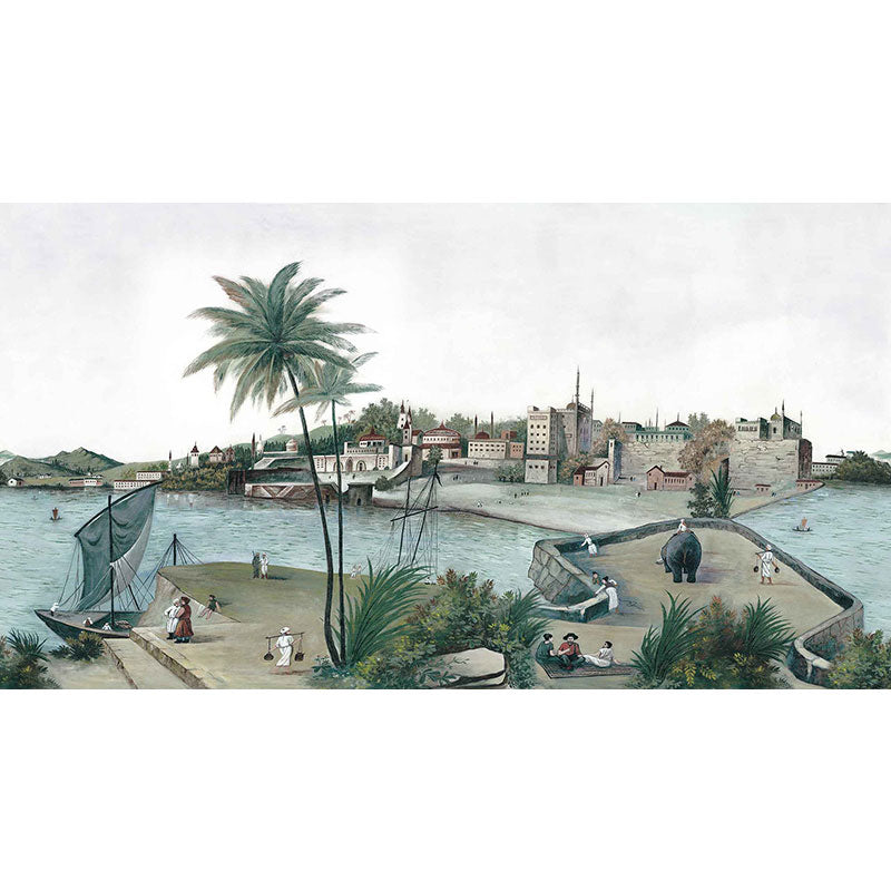 Full Size Port and Town Mural in Soft Green Non-Woven Fabric Wall Art for Living Room, Custom-Made Clearhalo 'Wall Decor' 'Wall Mural' 1041409