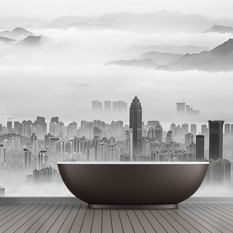 Whole Illustration Minimalist Wall Mural for Accent Wall with City Scene and Mountain Design in Soft Grey Grey Clearhalo 'Wall Decor' 'Wall Mural' 1041441