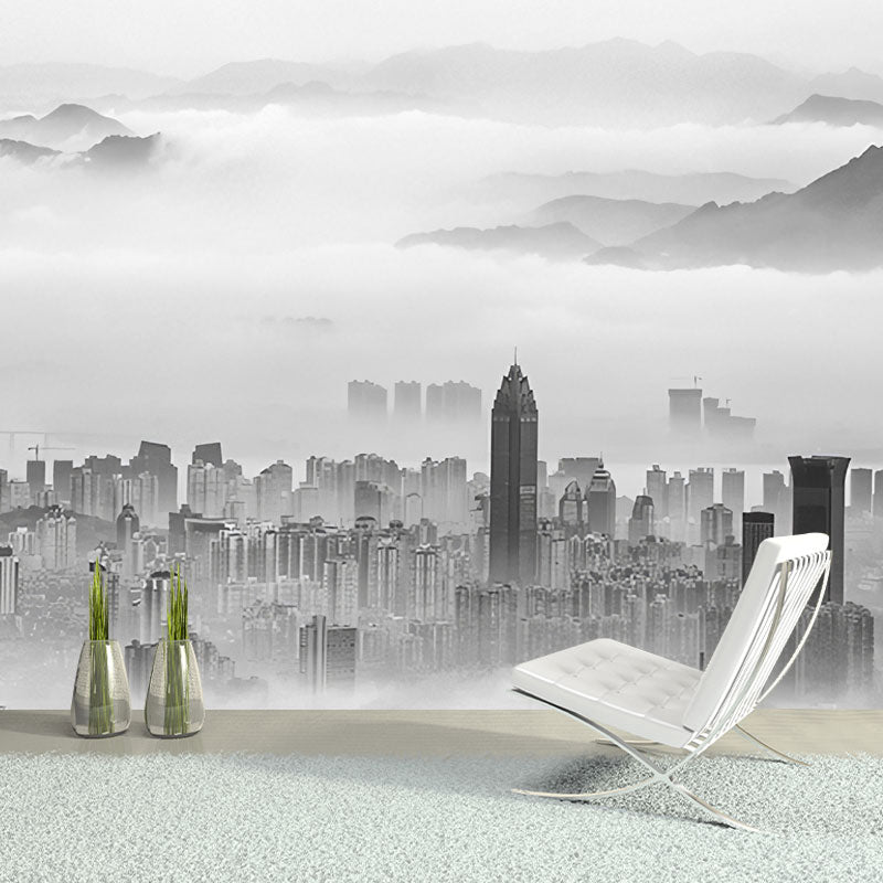 Whole Illustration Minimalist Wall Mural for Accent Wall with City Scene and Mountain Design in Soft Grey Clearhalo 'Wall Decor' 'Wall Mural' 1041442