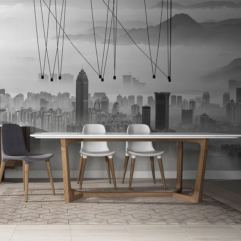 Whole Illustration Minimalist Wall Mural for Accent Wall with City Scene and Mountain Design in Soft Grey Clearhalo 'Wall Decor' 'Wall Mural' 1041443