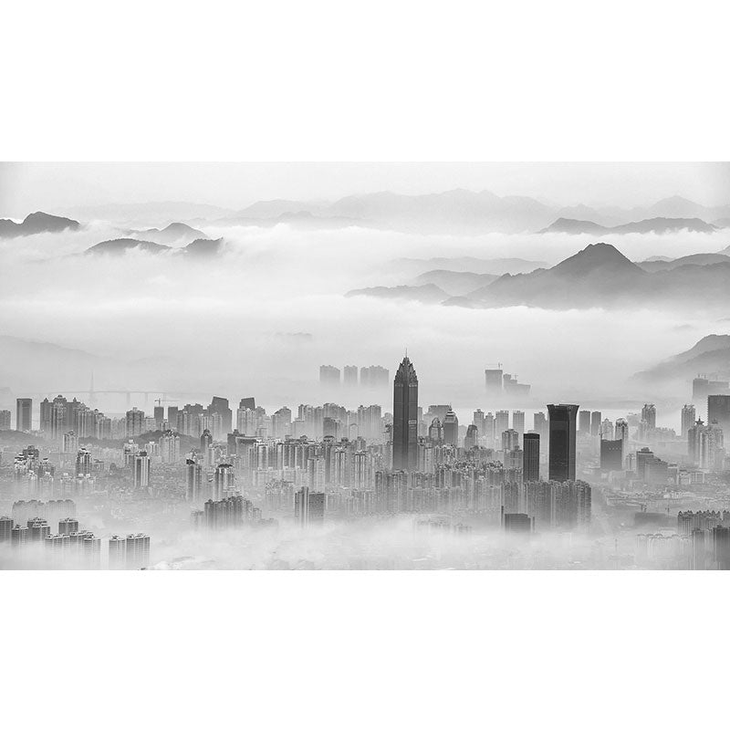 Whole Illustration Minimalist Wall Mural for Accent Wall with City Scene and Mountain Design in Soft Grey Clearhalo 'Wall Decor' 'Wall Mural' 1041444