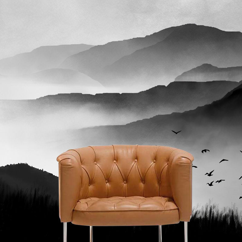 Extra Large Traditional Mural Wallpaper in Black and Grey Mountain and Bird Wall Art, Custom-Made Black Gray-White Clearhalo 'Wall Decor' 'Wall Mural' 1041461