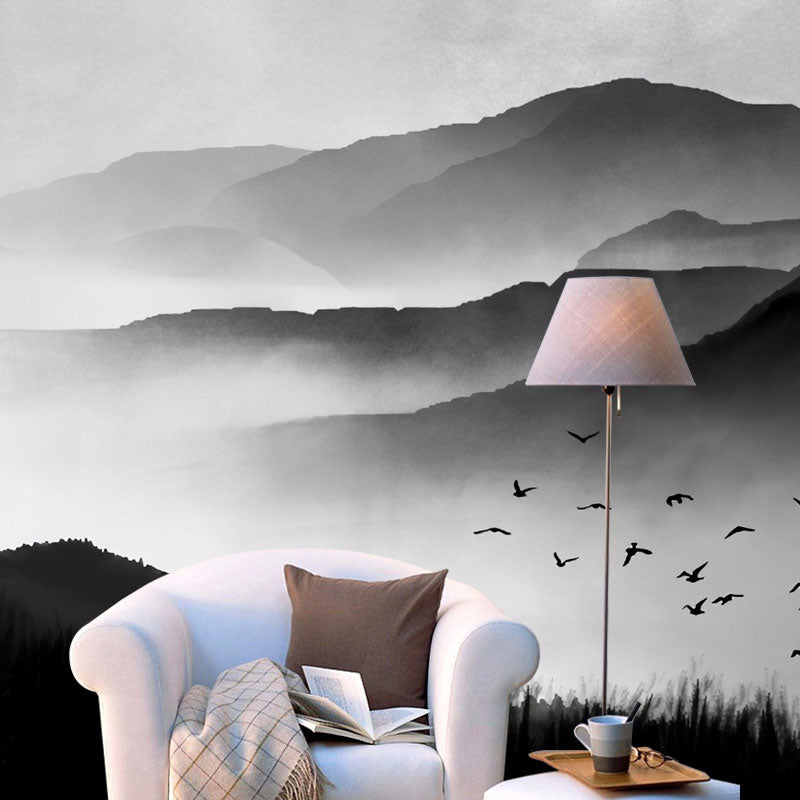 Extra Large Traditional Mural Wallpaper in Black and Grey Mountain and Bird Wall Art, Custom-Made Clearhalo 'Wall Decor' 'Wall Mural' 1041462