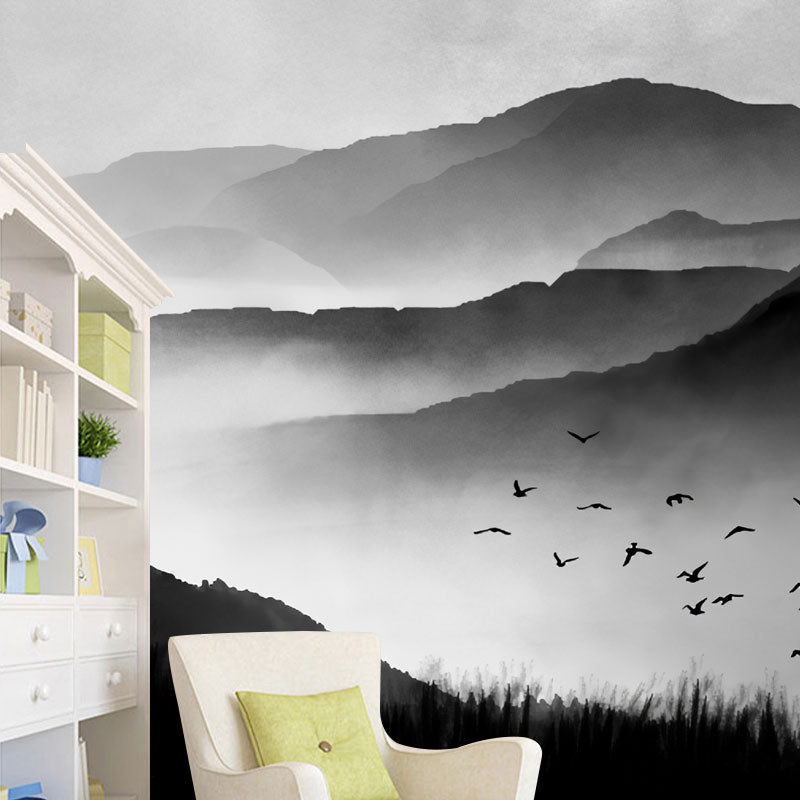 Extra Large Traditional Mural Wallpaper in Black and Grey Mountain and Bird Wall Art, Custom-Made Clearhalo 'Wall Decor' 'Wall Mural' 1041463