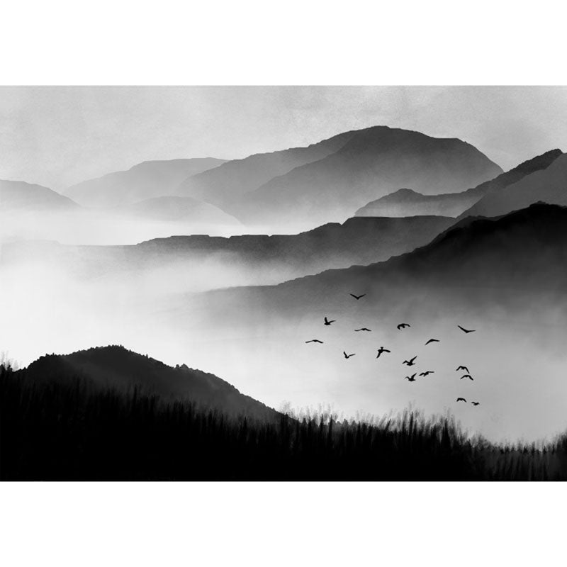 Extra Large Traditional Mural Wallpaper in Black and Grey Mountain and Bird Wall Art, Custom-Made Clearhalo 'Wall Decor' 'Wall Mural' 1041464