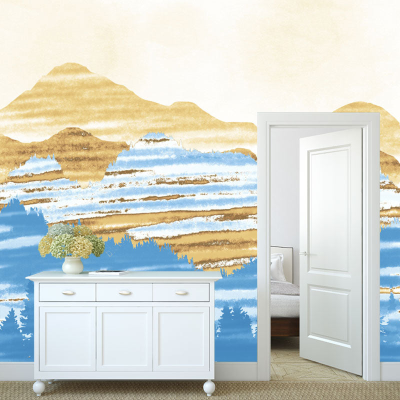 Watercolors of Mountain Wall Mural for Bedroom Decoration, Blue and Yellow, Custom-Printed Clearhalo 'Wall Decor' 'Wall Mural' 1041482