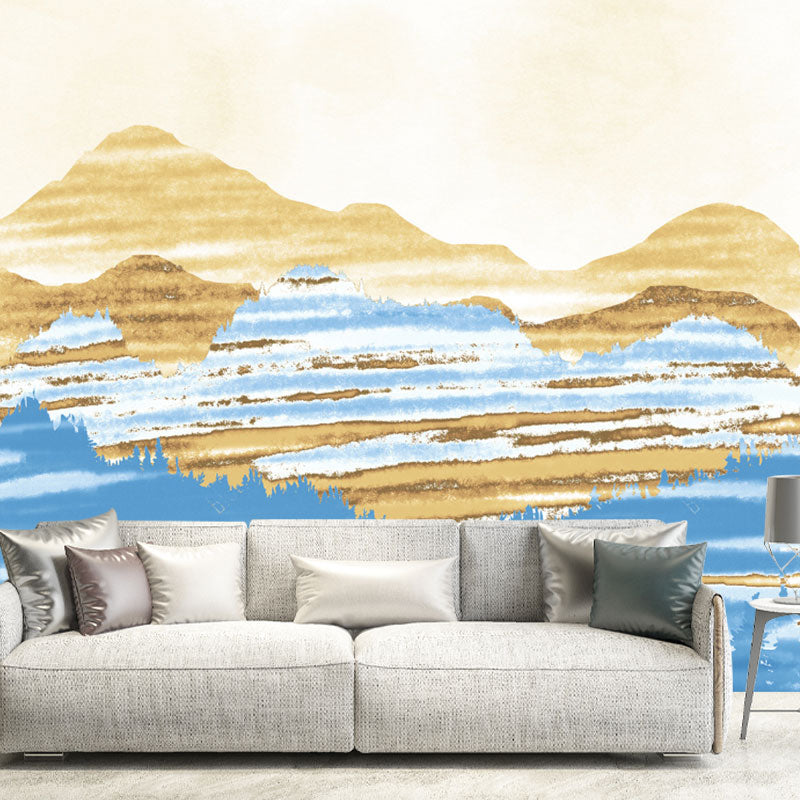 Watercolors of Mountain Wall Mural for Bedroom Decoration, Blue and Yellow, Custom-Printed Clearhalo 'Wall Decor' 'Wall Mural' 1041483