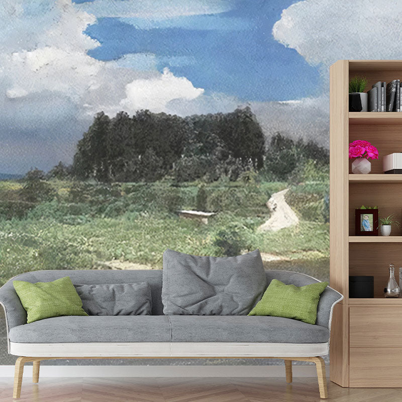 Countryside Tree and Lake Mural Wallpaper for Guest Room, Customized Wall Decor in Green and White Clearhalo 'Wall Decor' 'Wall Mural' 1041512