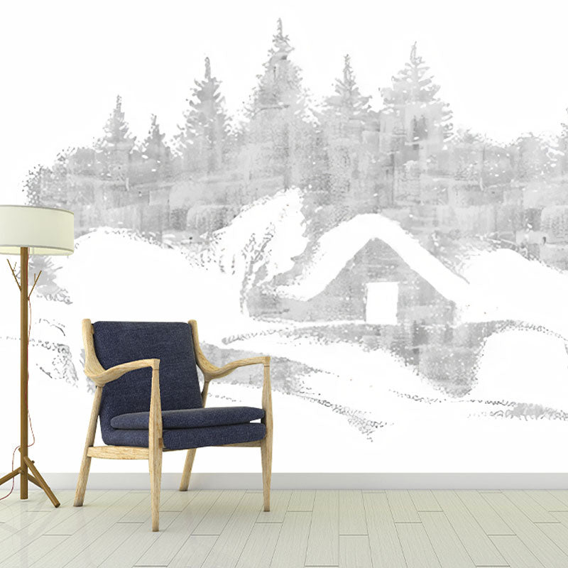 Large Illustration Mountain Wall Mural for Bedroom Decoration in Grey and White, Personalized Size Available Gray-White Clearhalo 'Wall Decor' 'Wall Mural' 1041526