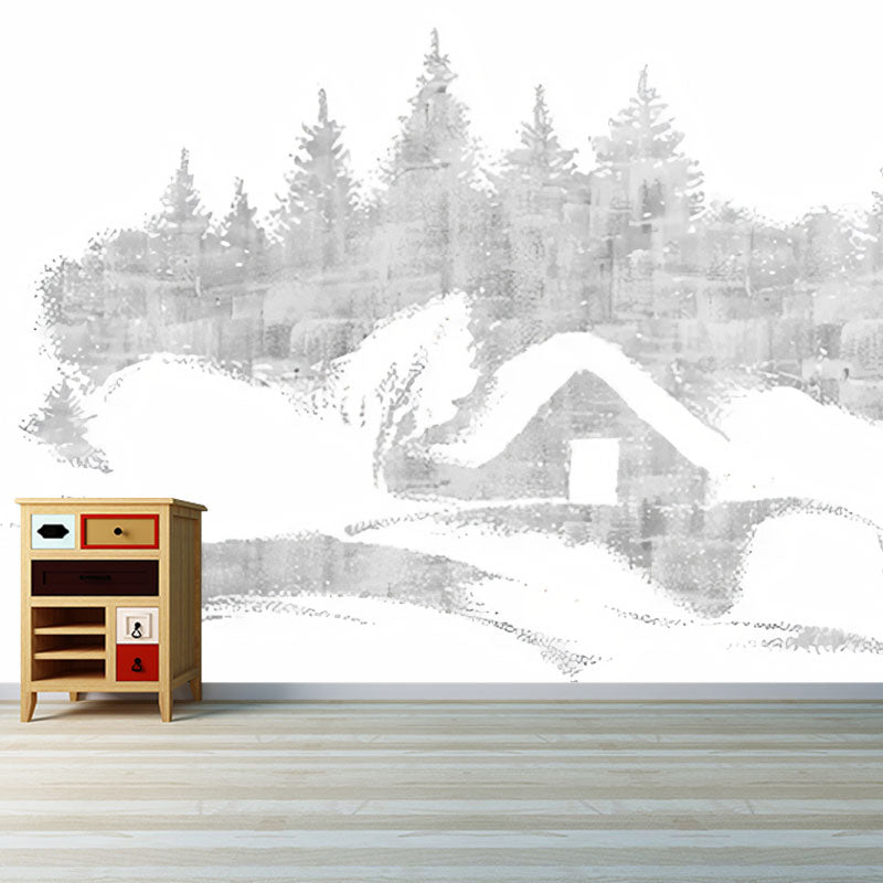 Large Illustration Mountain Wall Mural for Bedroom Decoration in Grey and White, Personalized Size Available Clearhalo 'Wall Decor' 'Wall Mural' 1041527