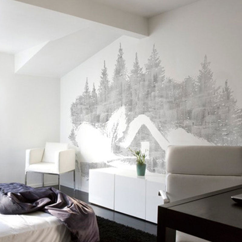 Large Illustration Mountain Wall Mural for Bedroom Decoration in Grey and White, Personalized Size Available Clearhalo 'Wall Decor' 'Wall Mural' 1041528