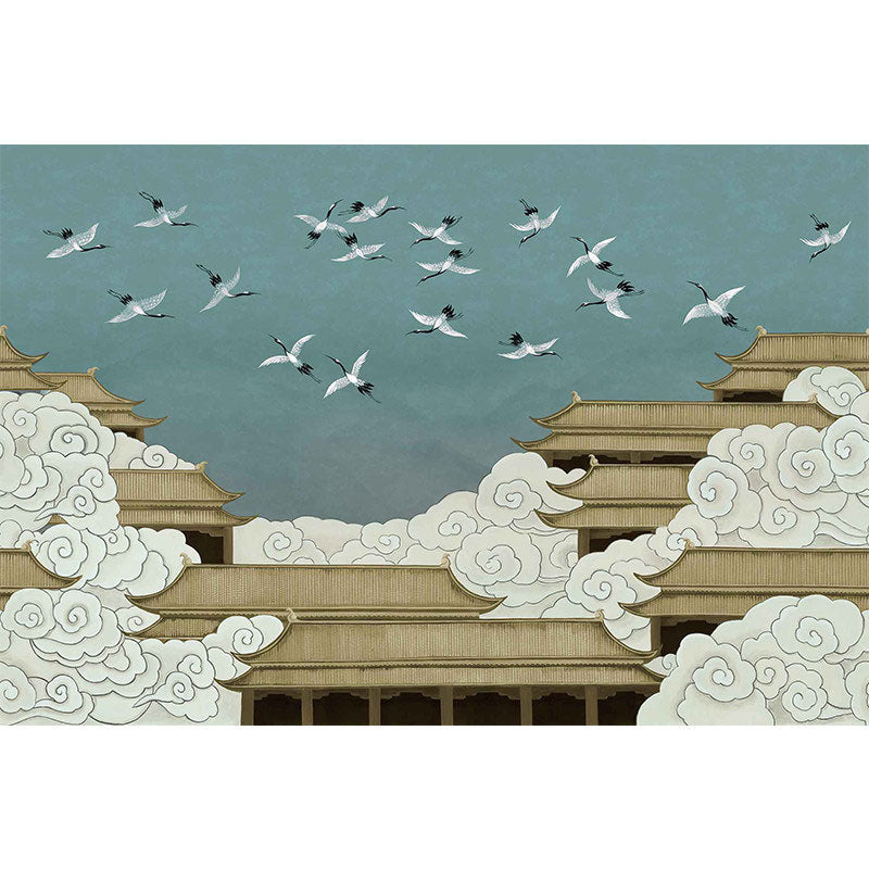 Full Illustration Asia Inspired Mural for Accent Wall with Classic Palace in Blue and Yellow Clearhalo 'Wall Decor' 'Wall Mural' 1041594