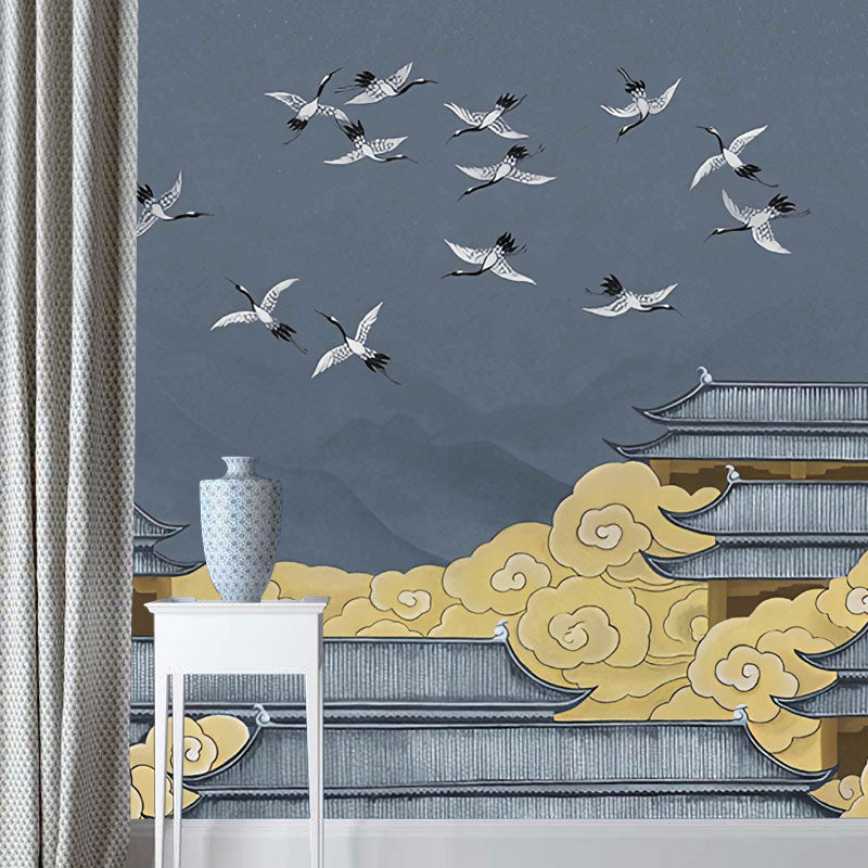 Full Illustration Asia Inspired Mural for Accent Wall with Classic Palace in Blue and Yellow Clearhalo 'Wall Decor' 'Wall Mural' 1041597