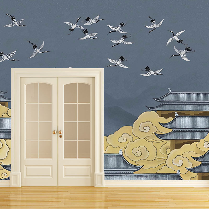 Full Illustration Asia Inspired Mural for Accent Wall with Classic Palace in Blue and Yellow Clearhalo 'Wall Decor' 'Wall Mural' 1041598