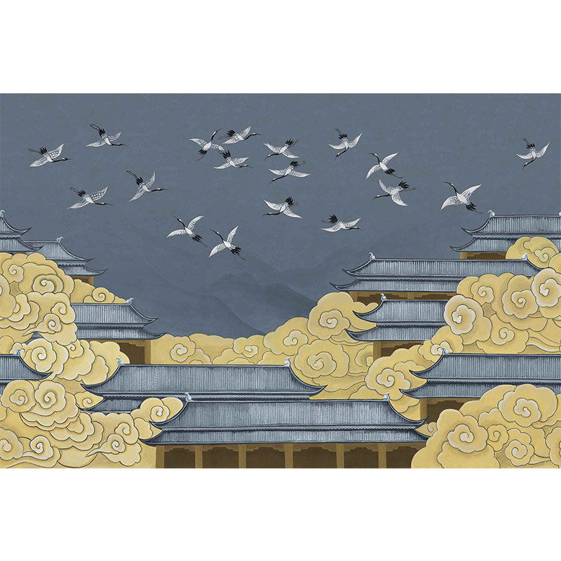 Full Illustration Asia Inspired Mural for Accent Wall with Classic Palace in Blue and Yellow Clearhalo 'Wall Decor' 'Wall Mural' 1041599