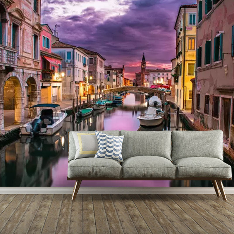 Enormous Photo Style Minimalist Mural Wallpaper for Home Decoration with Venice Design in Purple Purple Clearhalo 'Wall Decor' 'Wall Mural' 1041641