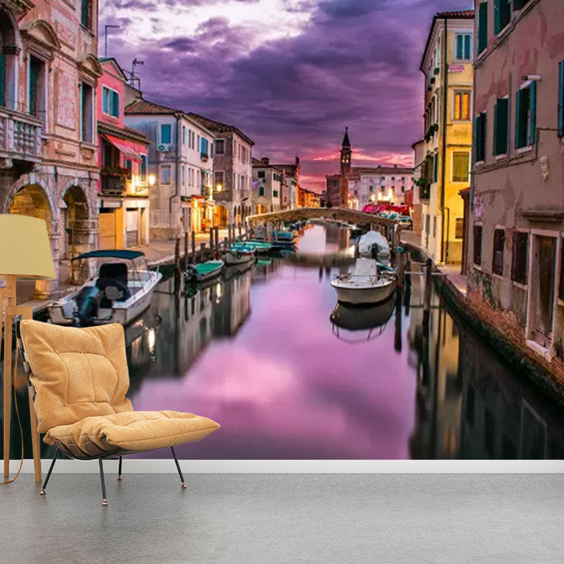 Enormous Photo Style Minimalist Mural Wallpaper for Home Decoration with Venice Design in Purple Clearhalo 'Wall Decor' 'Wall Mural' 1041642