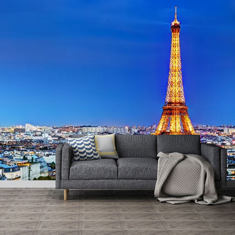 Big Photography Eiffel Tower Mural Wallpaper for Meeting Room in Blue, Made to Measure Blue Clearhalo 'Wall Decor' 'Wall Mural' 1041646