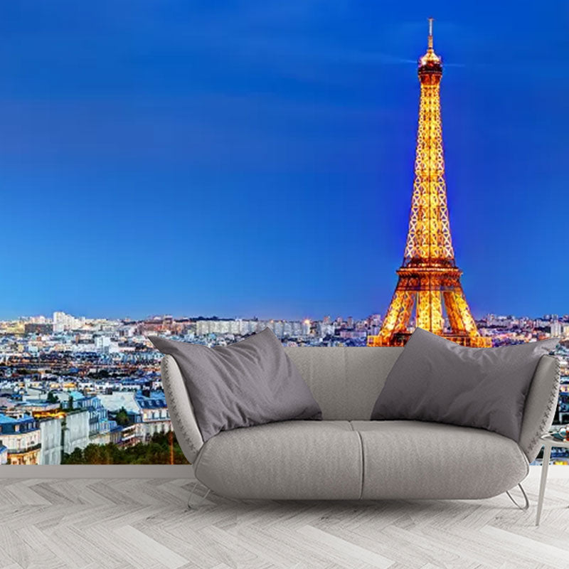 Big Photography Eiffel Tower Mural Wallpaper for Meeting Room in Blue, Made to Measure Clearhalo 'Wall Decor' 'Wall Mural' 1041647