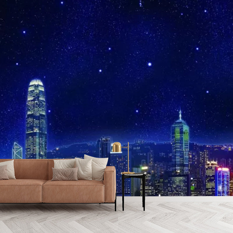 Simplicity Starry Skyscraper Wall Mural in Blue Living Room Wall Art, Personalized Size Available Clearhalo 'Wall Decor' 'Wall Mural' 1041672