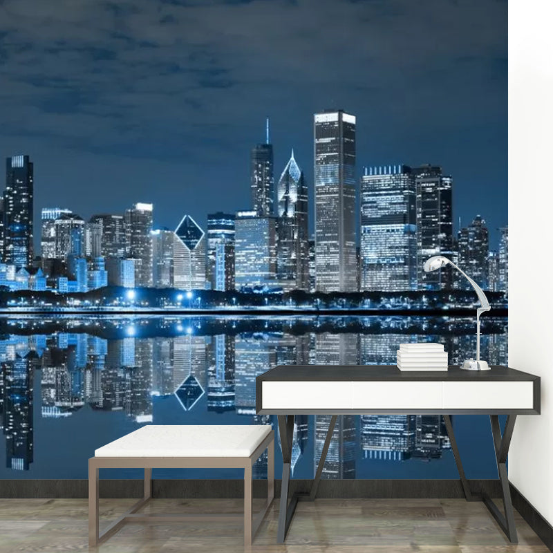 Photography River and Buildings Mural Extra Large Wall Covering for Office Room, Made to Measure Blue Clearhalo 'Wall Decor' 'Wall Mural' 1041681