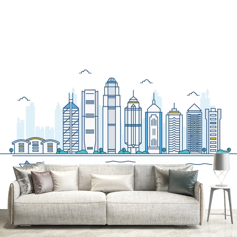 Simple Sketch of Buildings Mural for Accent Wall, Custom-Printed Wall Covering in Blue and White Blue-White Clearhalo 'Wall Decor' 'Wall Mural' 1041686