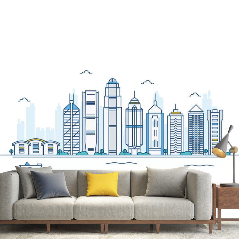 Simple Sketch of Buildings Mural for Accent Wall, Custom-Printed Wall Covering in Blue and White Clearhalo 'Wall Decor' 'Wall Mural' 1041687