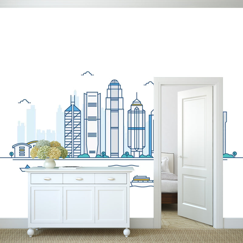 Simple Sketch of Buildings Mural for Accent Wall, Custom-Printed Wall Covering in Blue and White Clearhalo 'Wall Decor' 'Wall Mural' 1041688