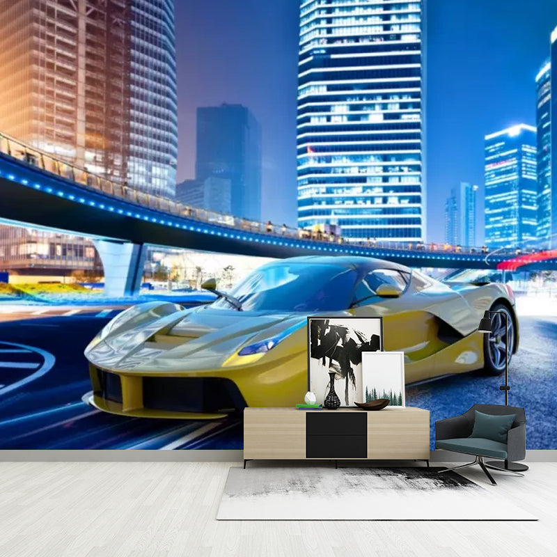 Photography Car and City Mural in Blue and Yellow Non-Woven Wall Covering for Home Decoration, Made to Measure Clearhalo 'Wall Decor' 'Wall Mural' 1041728