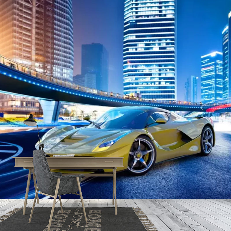 Photography Car and City Mural in Blue and Yellow Non-Woven Wall Covering for Home Decoration, Made to Measure Clearhalo 'Wall Decor' 'Wall Mural' 1041729