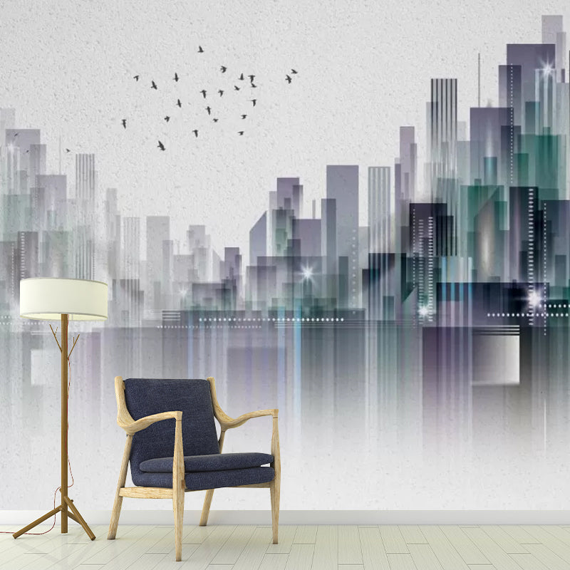 Full Urban Scenery Wall Art for Office Room Flying Bird Wall Mural Decal in Grey, Moisture-Resistant Grey Clearhalo 'Wall Decor' 'Wall Mural' 1041737