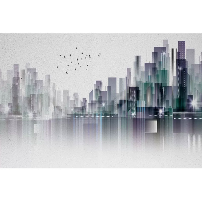 Full Urban Scenery Wall Art for Office Room Flying Bird Wall Mural Decal in Grey, Moisture-Resistant Clearhalo 'Wall Decor' 'Wall Mural' 1041740