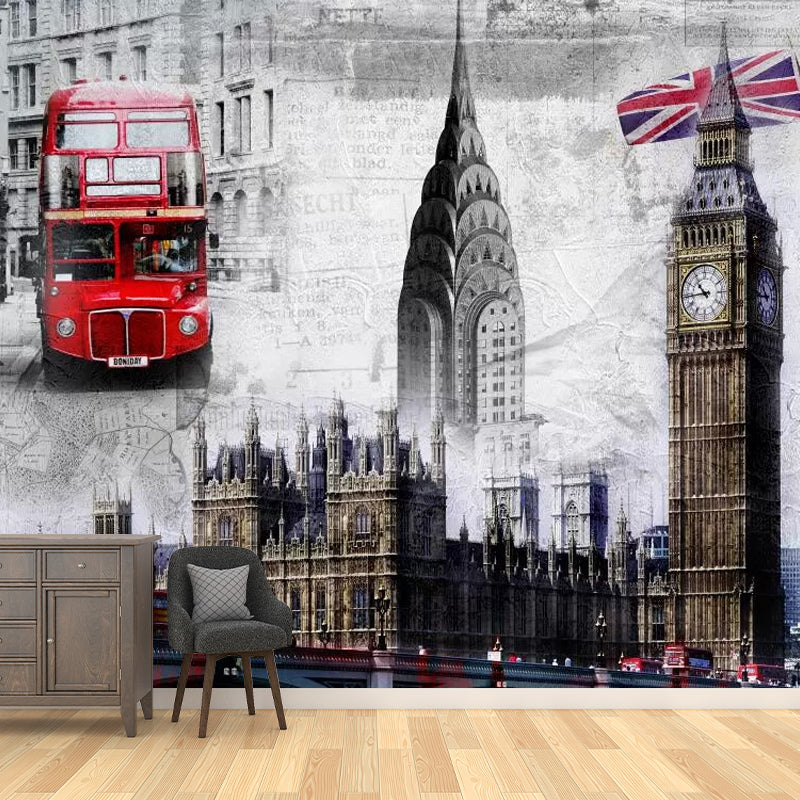 Retro Big Ben Wall Covering in Red and Brown Coffee Shop Decorative Wall Mural Decal, Custom Size Available Clearhalo 'Wall Decor' 'Wall Mural' 1041743