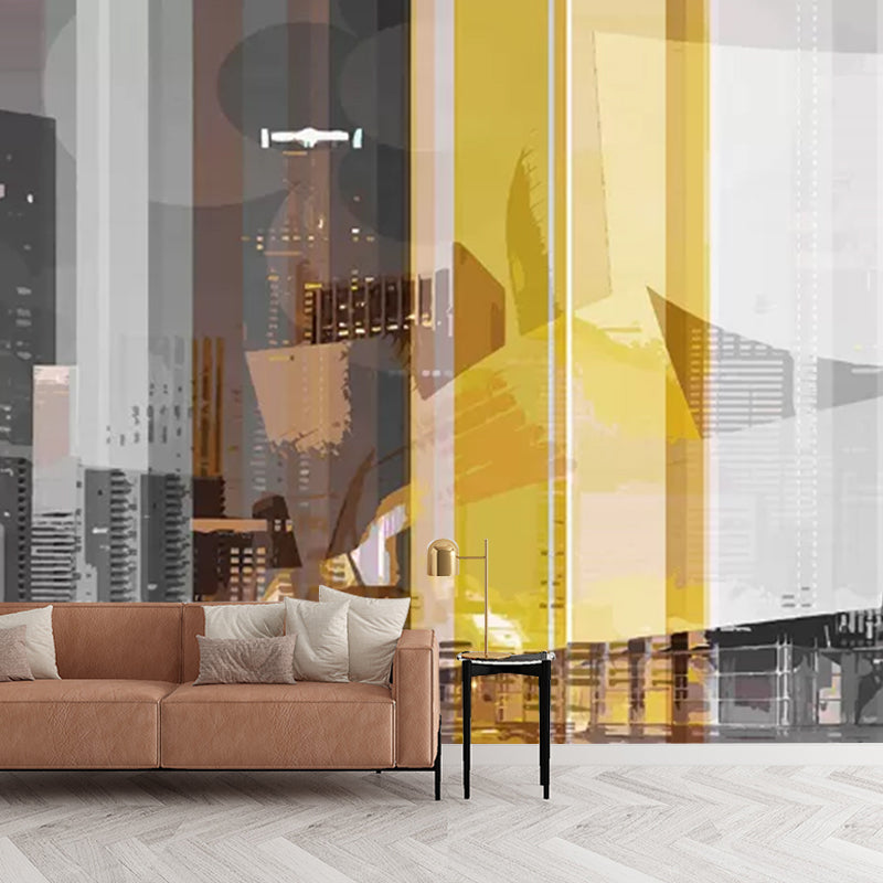 Grey and Yellow Nordic Wall Art Personalized Size Night City Wall Mural Decal for Meeting Room Clearhalo 'Wall Decor' 'Wall Mural' 1041763