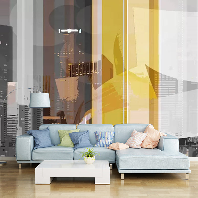 Grey and Yellow Nordic Wall Art Personalized Size Night City Wall Mural Decal for Meeting Room Clearhalo 'Wall Decor' 'Wall Mural' 1041764