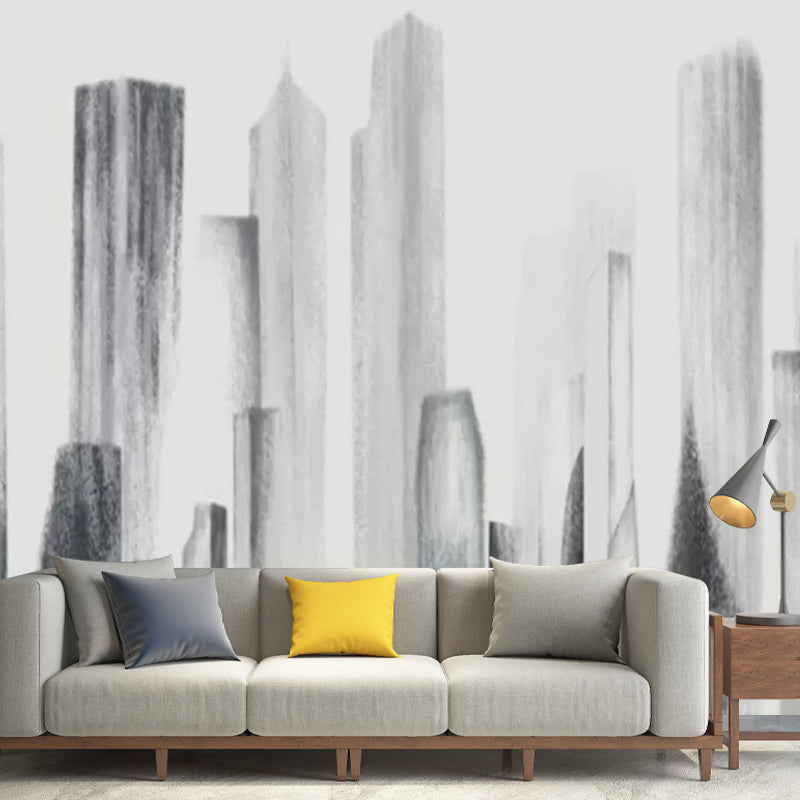 Metropolitan Skyscrapers Wall Mural Decal for Meeting Room, Soft Grey, Custom-Made Grey Clearhalo 'Wall Decor' 'Wall Mural' 1041777