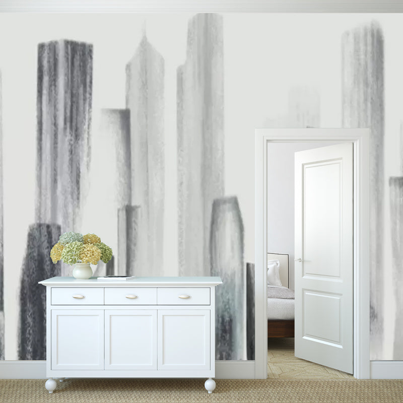 Metropolitan Skyscrapers Wall Mural Decal for Meeting Room, Soft Grey, Custom-Made Clearhalo 'Wall Decor' 'Wall Mural' 1041779