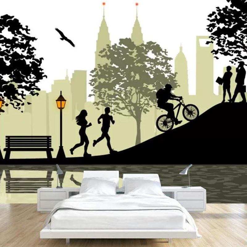 Contemporary Park Wall Mural Decal in Green and Black Guest Room Wall Art, Custom Size Available Clearhalo 'Wall Decor' 'Wall Mural' 1041784