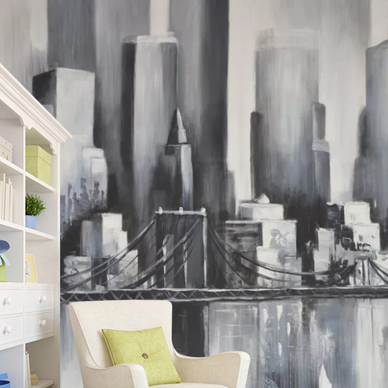 Enormous Illustration Skyscrapers Mural Wallpaper for Guest Room Decor in Grey, Stain-Resistant Clearhalo 'Wall Decor' 'Wall Mural' 1041799