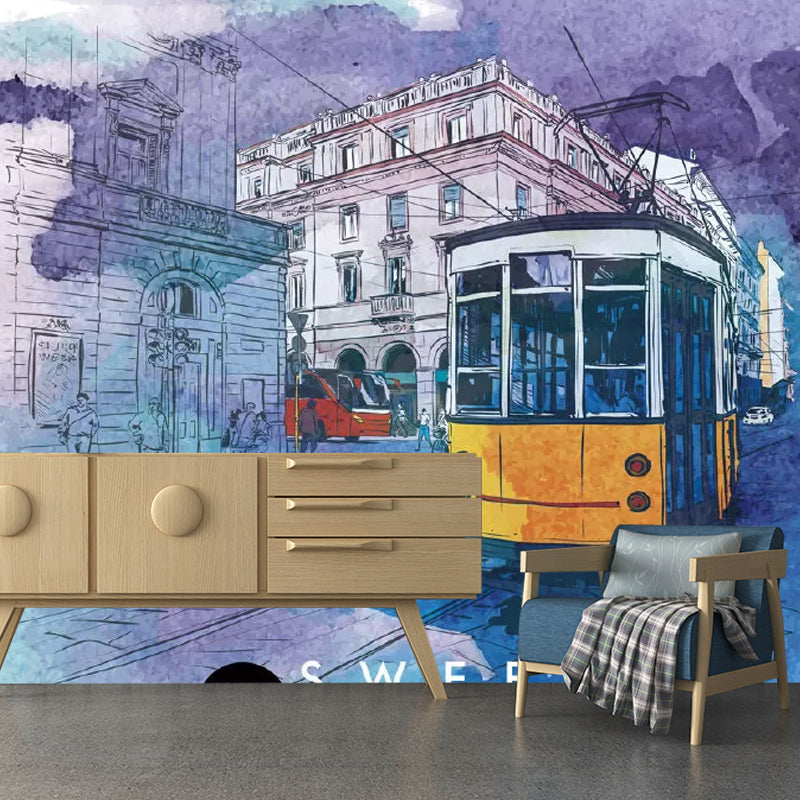 Blue and Yellow Bus Mural Wallpaper Moisture-Resistant Wall Art for Accent Wall Clearhalo 'Wall Decor' 'Wall Mural' 1041828