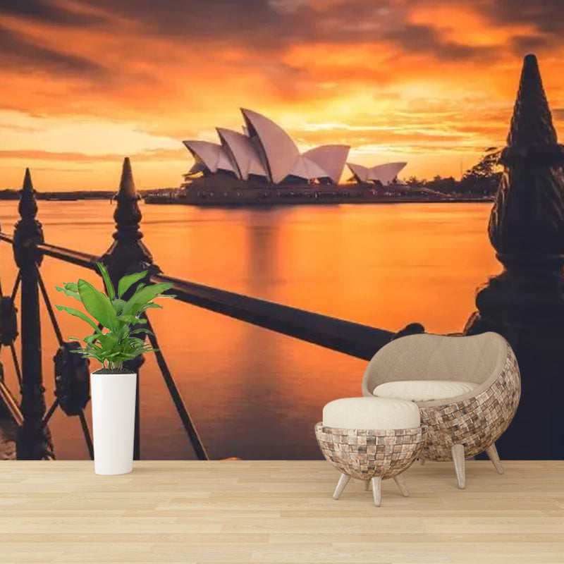 Decorative Riverside Scenery Wall Mural Non-Woven Fabric Simplicity Wall Covering for Home Decor Orange-Black Clearhalo 'Wall Decor' 'Wall Mural' 1041841