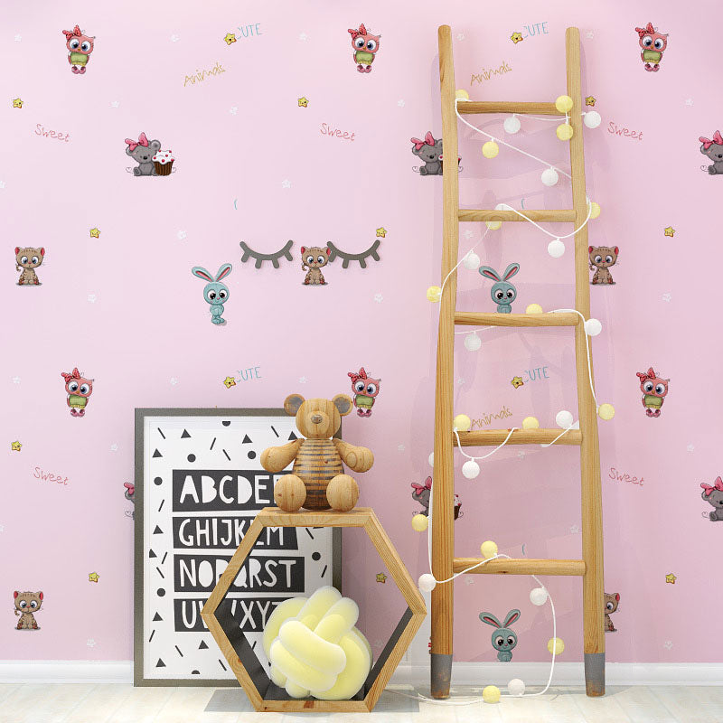 Decorative Cartoon Animal Wall Covering 31-foot x 20.5-inch Minimalist Wallpaper Roll for Girl's Bedroom in Soft Pink Light Pink Clearhalo 'Wall Decor' 'Wallpaper' 1042058