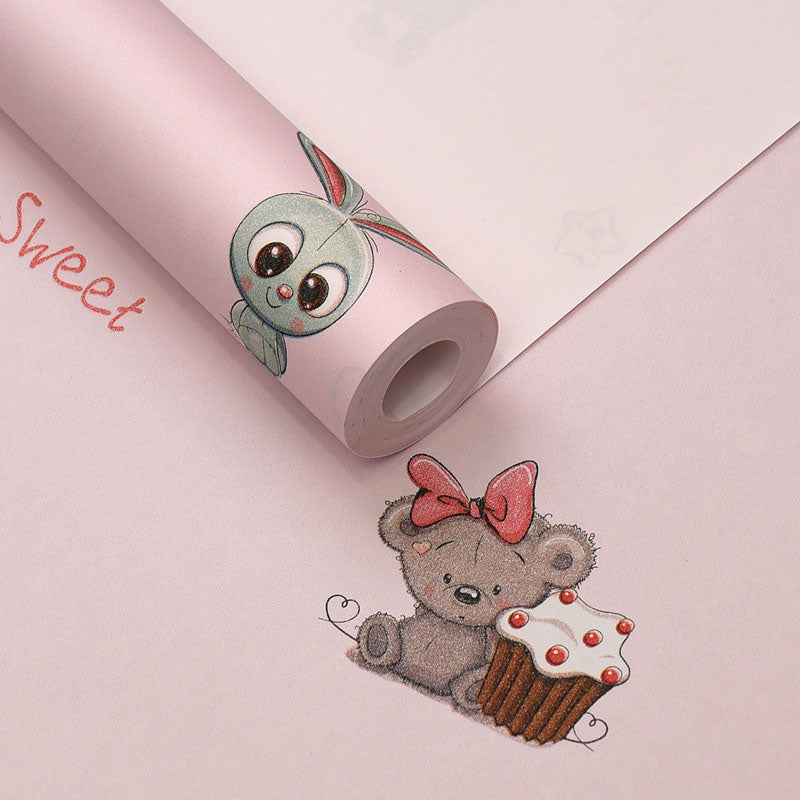 Decorative Cartoon Animal Wall Covering 31-foot x 20.5-inch Minimalist Wallpaper Roll for Girl's Bedroom in Soft Pink Clearhalo 'Wall Decor' 'Wallpaper' 1042059